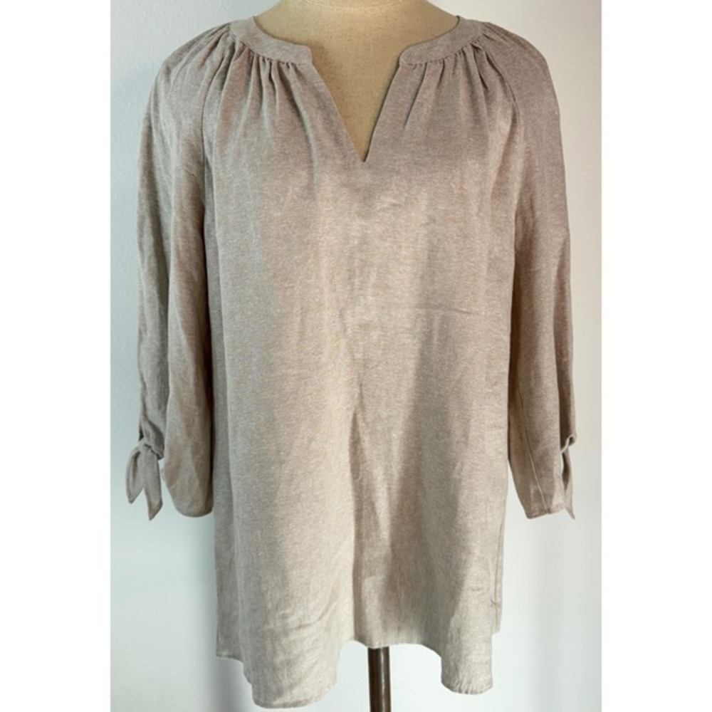 Jones New York Beige‎ Tan Split Neck Popover Top Linen Blend NWT Boho Minimalist